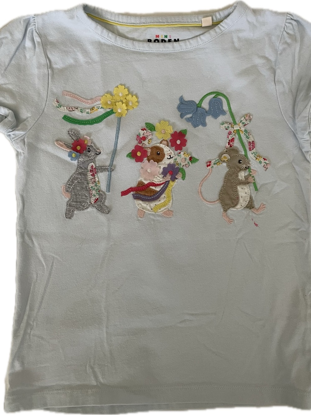 Mini Boden Light Blue Tee with Colorful Bunny and Mouse Appliqués